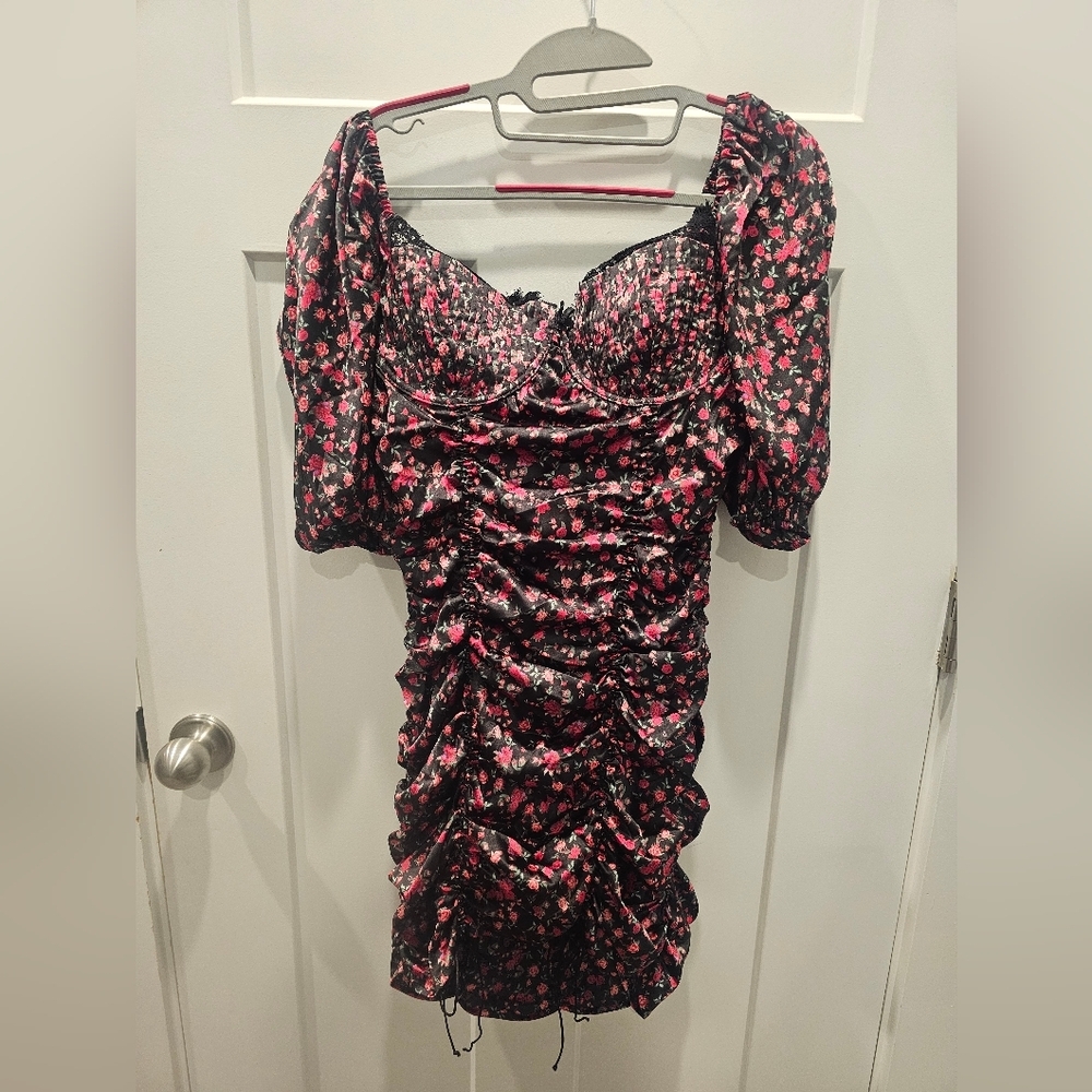 For Love & Lemons Floral Ruched Puff Sleeve Mini Dress Black Pink Rose Nwt Large